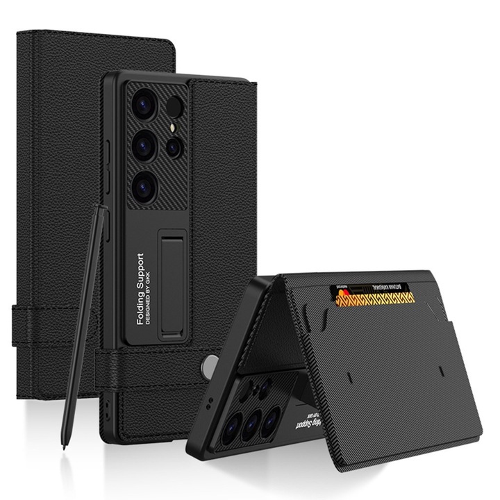 Etui cu clapeta pentru Samsung Galaxy S25 Ultra, GKK Card Slot Wallet, negru, din piele PU si plastic, cu suport pentru vizionare video