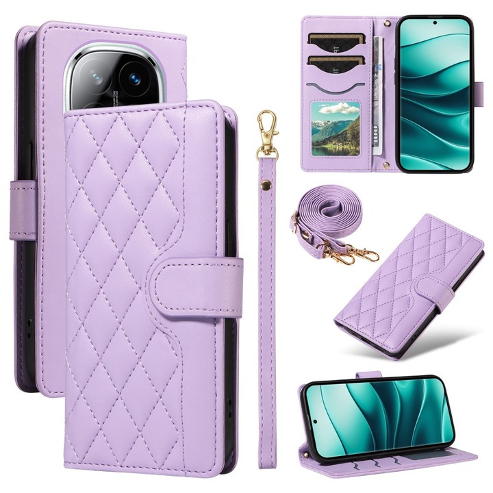 Etui cu clapeta pentru Xiaomi Redmi Note 14 Pro 5G / Xiaomi Redmi Note 14 Pro+ 5G / Xiaomi Poco X7 5G, piele ecologica, violet, functie suport