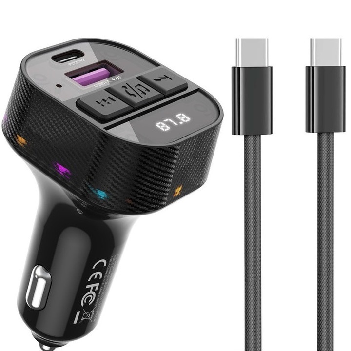 Transmiter FM XO BCC17, incarcator auto 30W, cablu USB-C - USB-C, negru