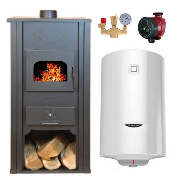 Pachet Termosemineu pe lemn Termax Thermis, 24.43 kW, randament 85.10%, 155 m², Rosu, Grup siguranta, Pompa recirculare si Boiler termoelectric Ariston100 litri