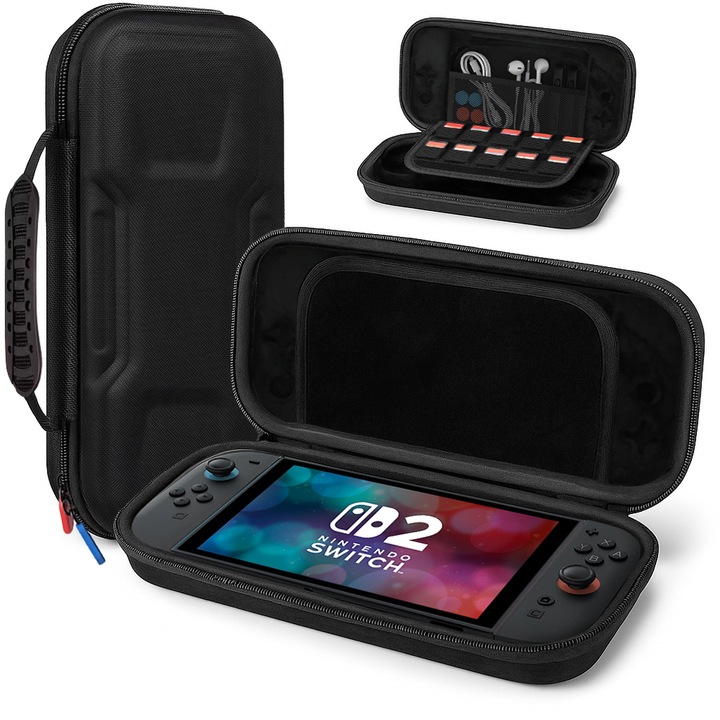 Etui protectie Nintendo Switch 2, negru, dimensiuni 26,5x13x6cm, set cu compartimente pentru accesorii
