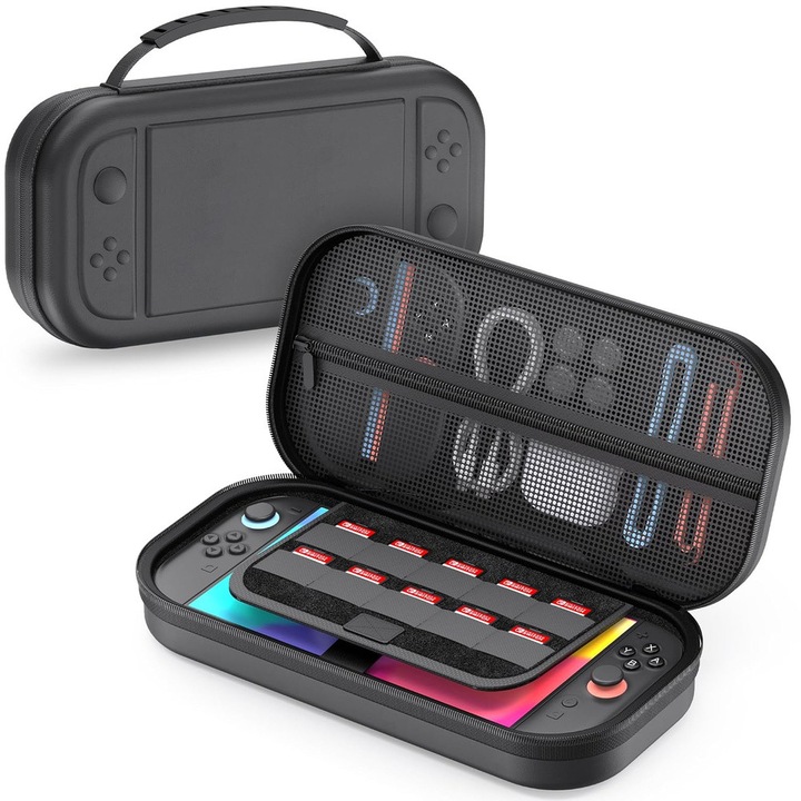 Etui calatorie pentru Nintendo Switch 2, waterproof, loc pentru 10 cartuse, negru, 29,5x14,5x7cm