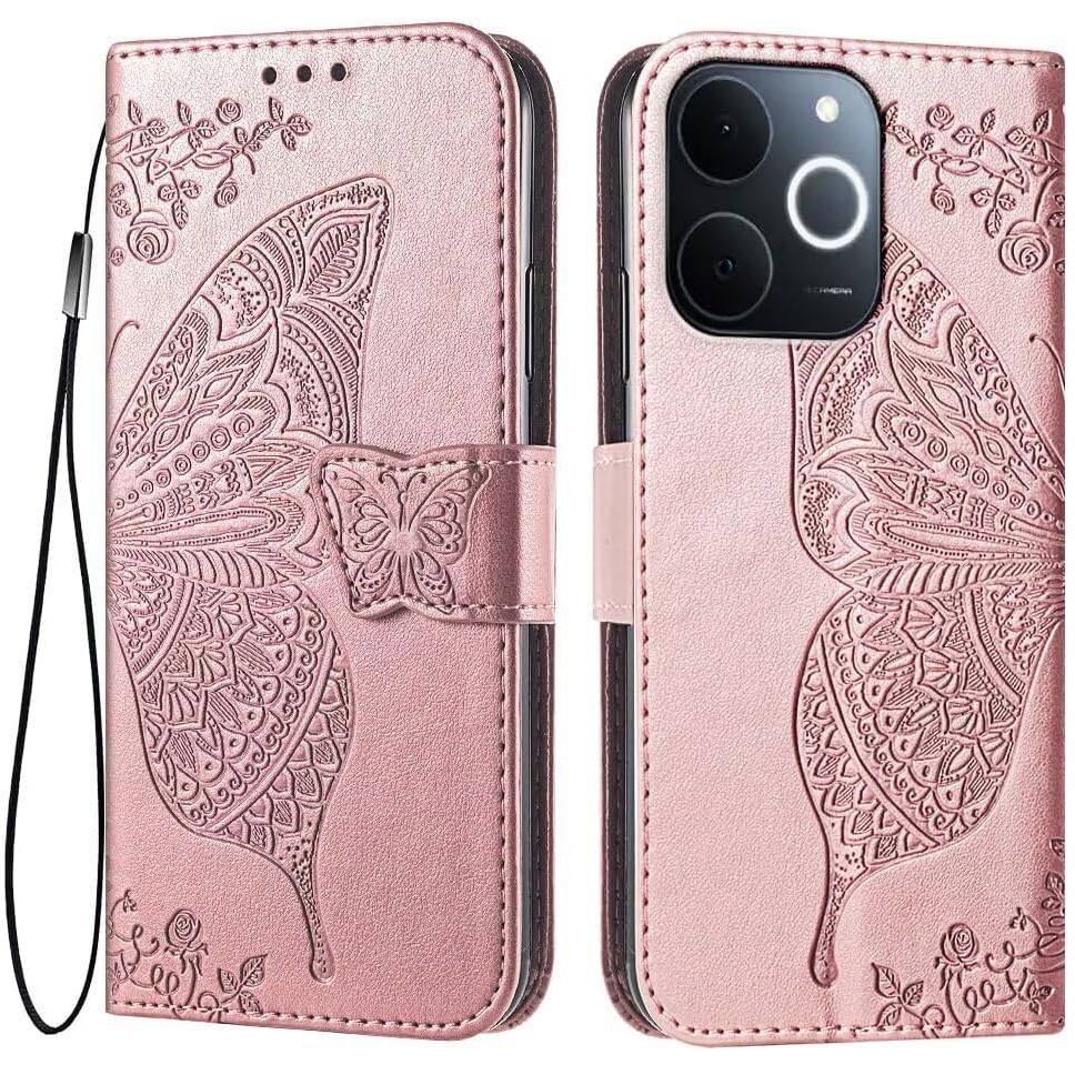 Husa telefon XGSM pentru Realme Note 70T 4G, Butterfly, roz gold, cu functie stand, din piele sintetica