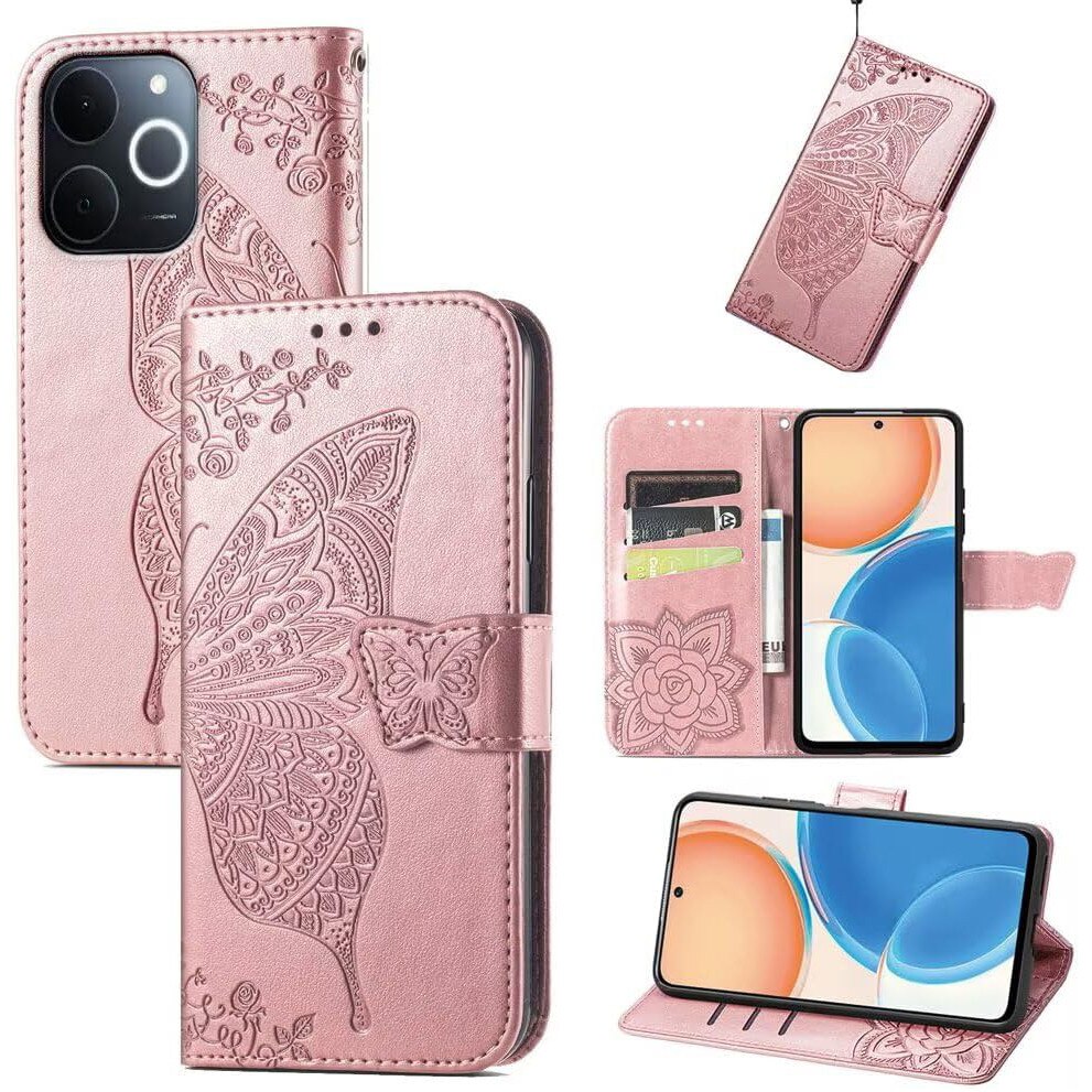 Husa telefon XGSM pentru Realme Note 70T 4G, Butterfly, roz gold, cu functie stand, din piele sintetica