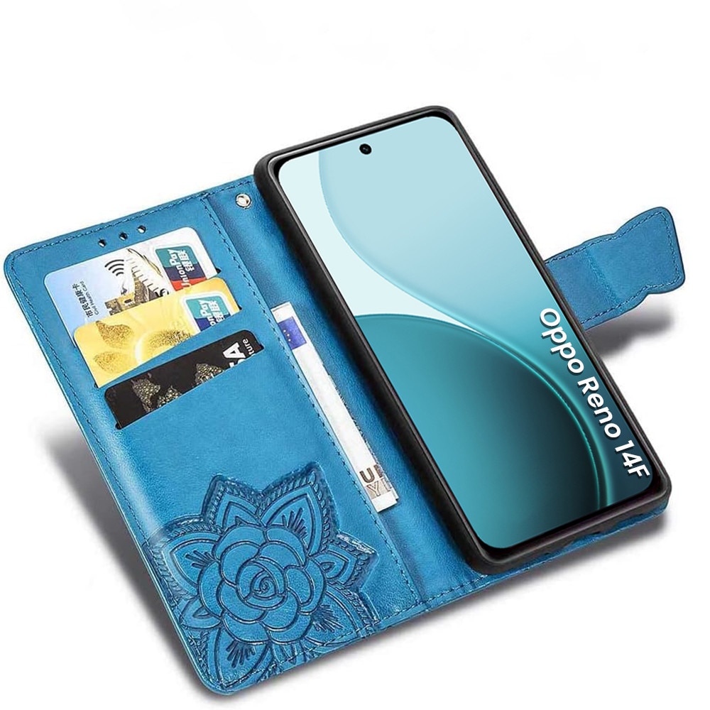 Husa telefon Oppo Reno 14F, XGSM, design cu model de fluture, albastra, cu suport si compartimente pentru carduri