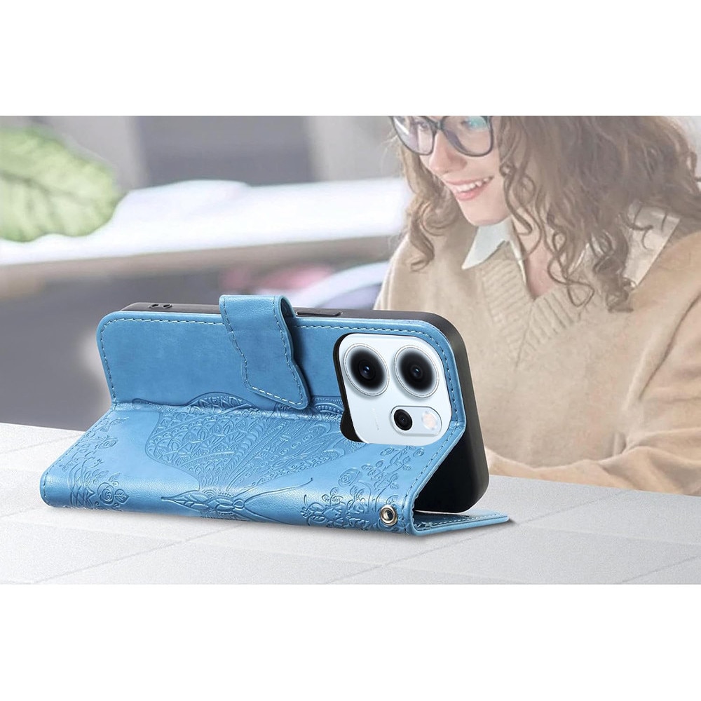 Husa telefon Oppo Reno 14F, XGSM, design cu model de fluture, albastra, cu suport si compartimente pentru carduri