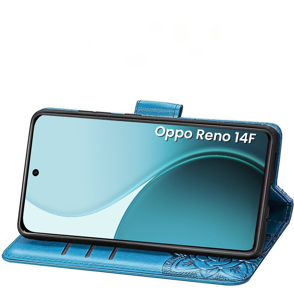 Husa telefon Oppo Reno 14F, XGSM, design cu model de fluture, albastra, cu suport si compartimente pentru carduri