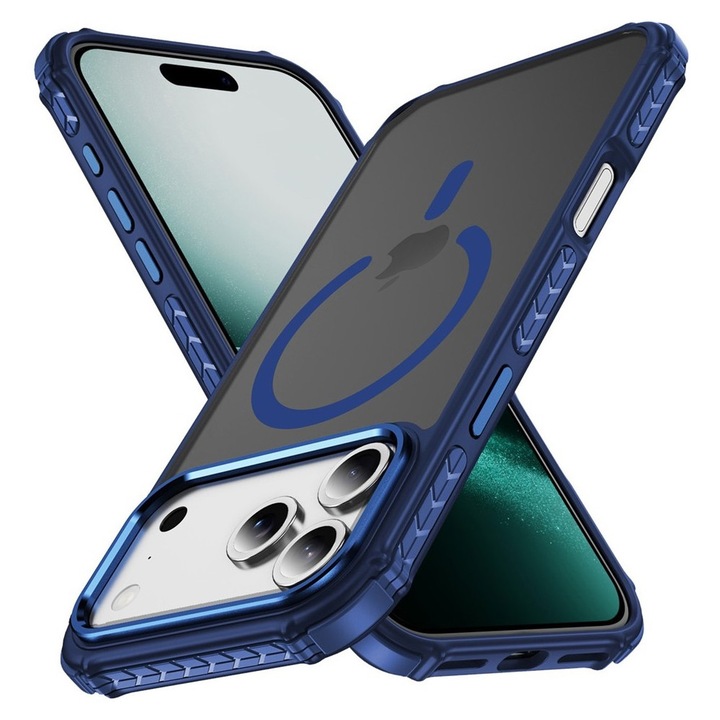 Etui pancerne pentru iPhone 17 Pro Max, Matt Case, mat cu rama albastra, material PC+TPU, Anti-Fingerprint
