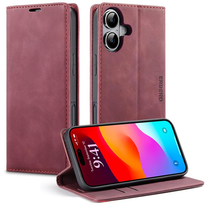 Husa pentru iPhone 17, portofel ERBORD Vintage cu clapa, rosu