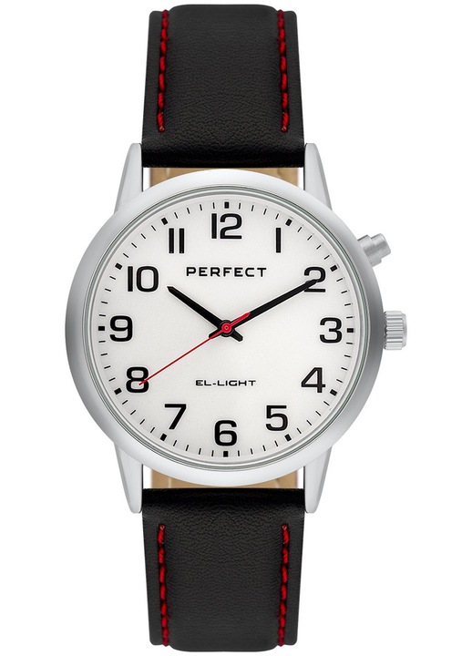 Часовник Perfect PF00958, кварцов механизъм, черна кожена каишка, корпус от неръждаема стомана, водоустойчив 30м, бял
