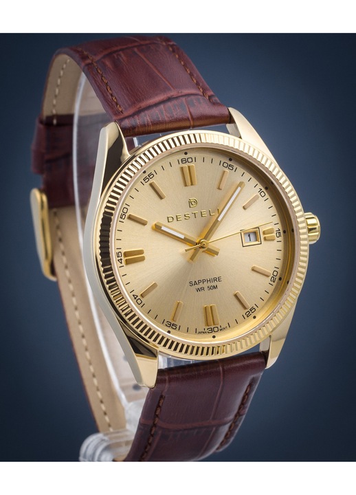 DESTELL LU3854-44-209L óra, arany fém tokkal, barna bőrszíjjal, kvarc szerkezettel, 50m vízálló