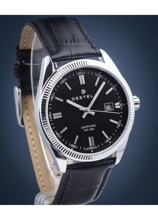 DESTELL férfi karóra, LU3855-15-201L modell, fekete, bőrszíj, kvarc szerkezet, 50m vízálló