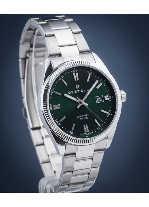 DESTELL LU3855-05-205S karóra, zöld, ezüst rozsdamentes acél szíj, kvarc szerkezet, 50m vízálló