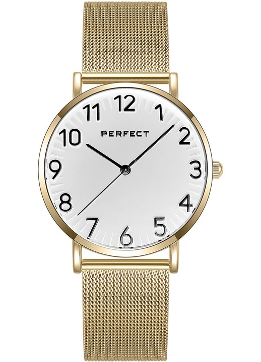 Női karóra Perfect PF00965, arany színű, hálós szíj, ezüst számlap, kvarc szerkezet, vízálló 30m