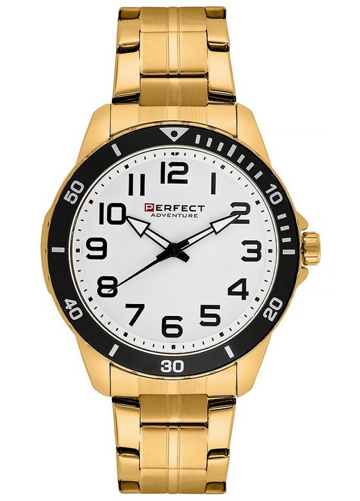 Мъжки часовник Perfect PF00971, златна верижка, корпус от неръждаема стомана, бял циферблат, кварцов механизъм, водоустойчив 3 ATM
