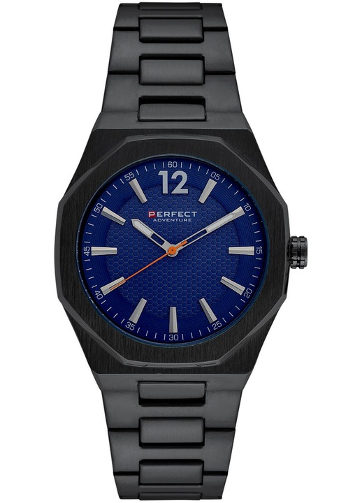 Мъжки часовник Perfect PF00978, елегантен, черен, син циферблат, кварцов механизъм, водоустойчив 30м