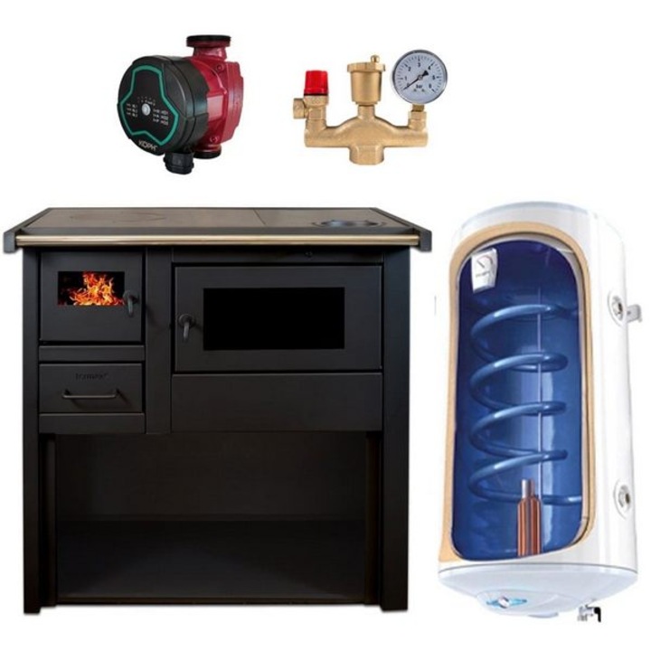 Pachet Termosoba pe lemn Termax Voinic, 12.05 kW, evacuare pe dreapta, cuptor integrat, randament 85.29%, 80 m², Negru