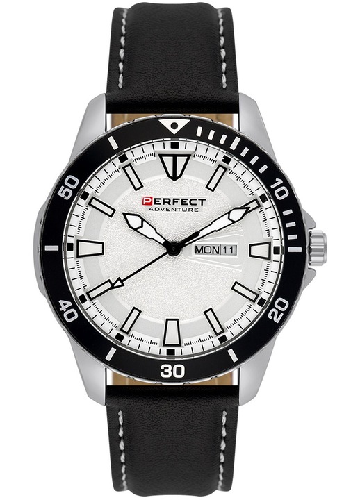 Мъжки часовник Perfect PF00988, черна кожена каишка, сребрист корпус от неръждаема стомана, кварцов механизъм, водоустойчив 3 ATM