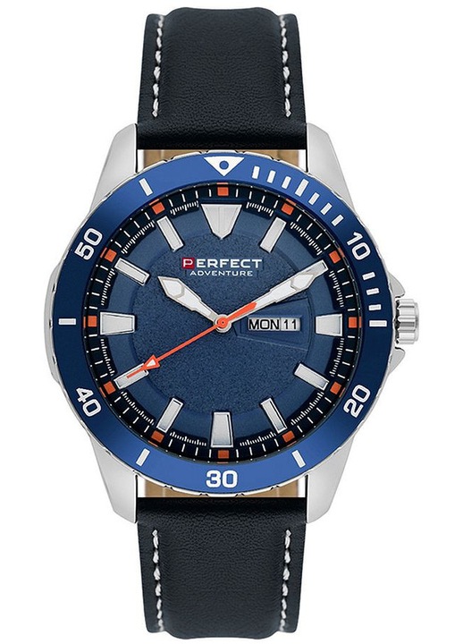 Мъжки часовник Perfect PF00990, синя кожена каишка, корпус от неръждаема стомана, водоустойчив 30м, 45x45мм