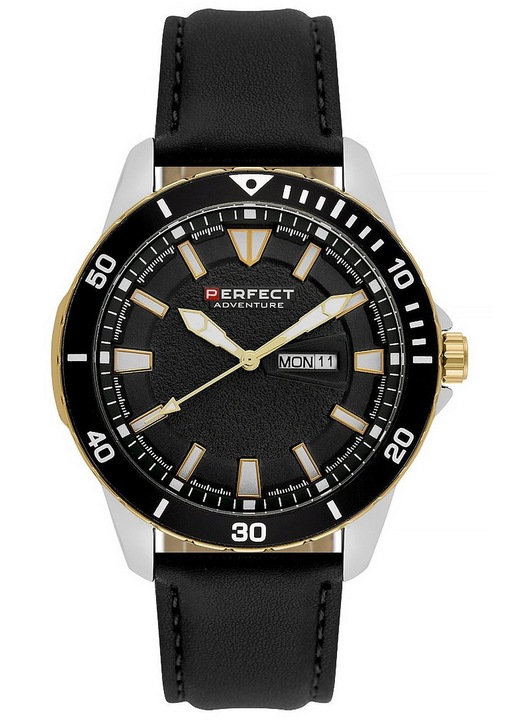 Мъжки часовник Perfect PF00991, черен, кожена каишка, корпус от неръждаема стомана, 45мм, водоустойчив на 30м