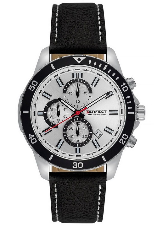 Perfect PF01002 férfi karóra, fekete bőr szíj, ezüst rozsdamentes acél tok, kvarc szerkezet, 45 mm