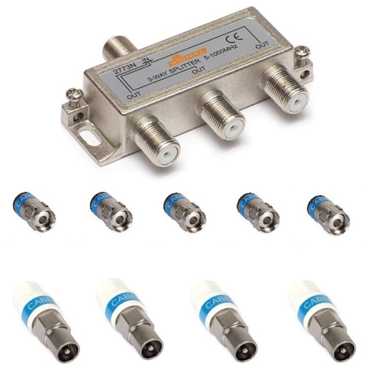 Kit splitter 4 iesiri cu 5 mufe F si 4 mufe TV tata