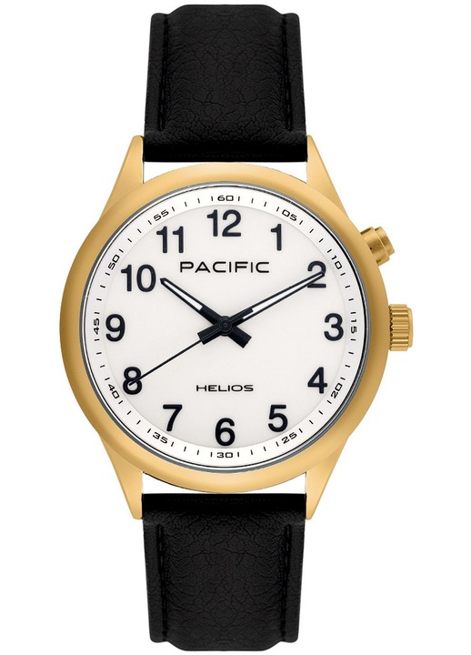 Мъжки часовник Pacific Helios, кварцов механизъм, златист корпус от неръждаема стомана, черна кожена каишка, 41мм, водоустойчив 30м
