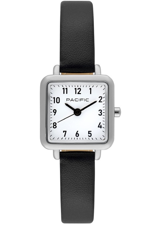 Pacific női karóra, kvarc szerkezet, rozsdamentes acél tok, fekete bőr szíj, fehér számlap, 22mm