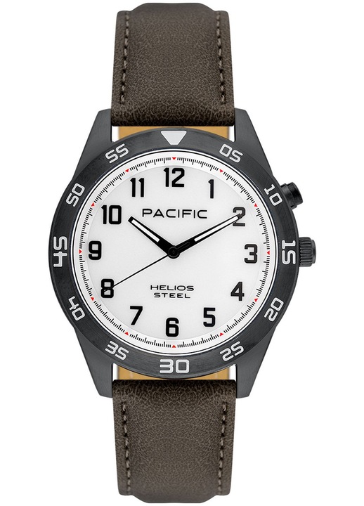 Pacific férfi karóra, PC00848 modell, fehér, rozsdamentes acél tok, barna természetes bőr szíj, 30m vízálló