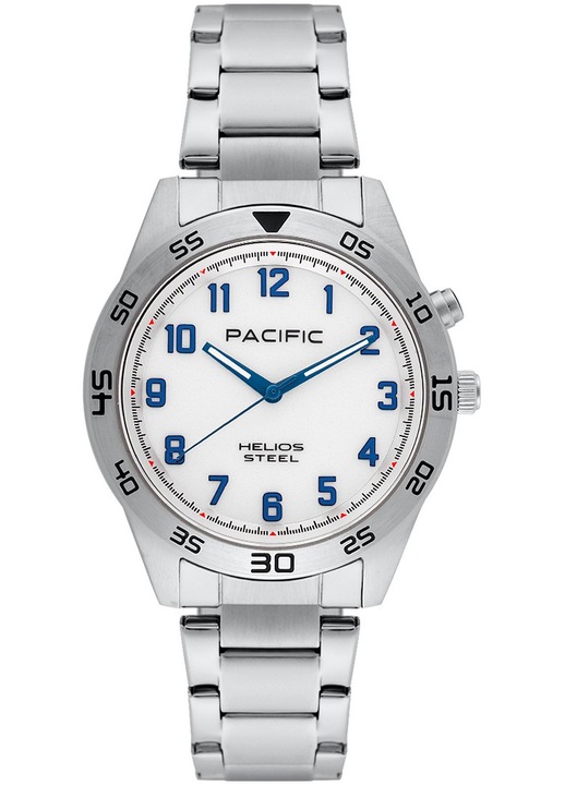 Férfi Pacific óra, PC00849 modell, fehér, ezüst színű rozsdamentes acél szíj, kvarc szerkezet, vízálló 30m