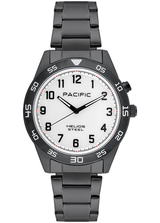 Férfi karóra Pacific Helios Steel, szürke, 41mm, kvarc szerkezet, rozsdamentes acél szíj, fehér számlap