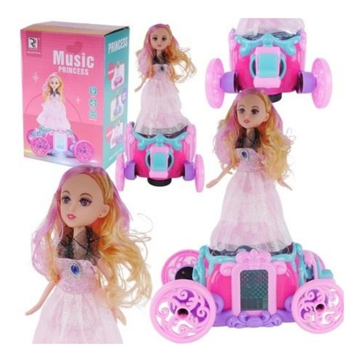 Hercegnő baba kocsiban, harmonikával, 360 fokban forgatható funkcióval, színes fénnyel, 14x10,3x20,7cm