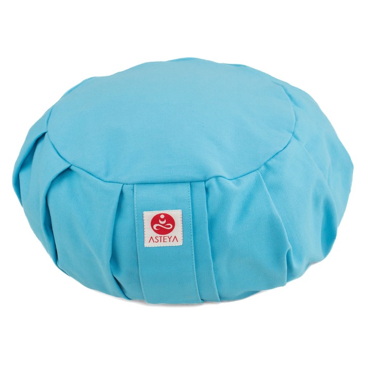 Meditációs párna, Zafu Pliszírozott Világoskék Asteya. Levehető pamuthuzat és organikus tönkölybúza-héj töltelék. 36x12 cm