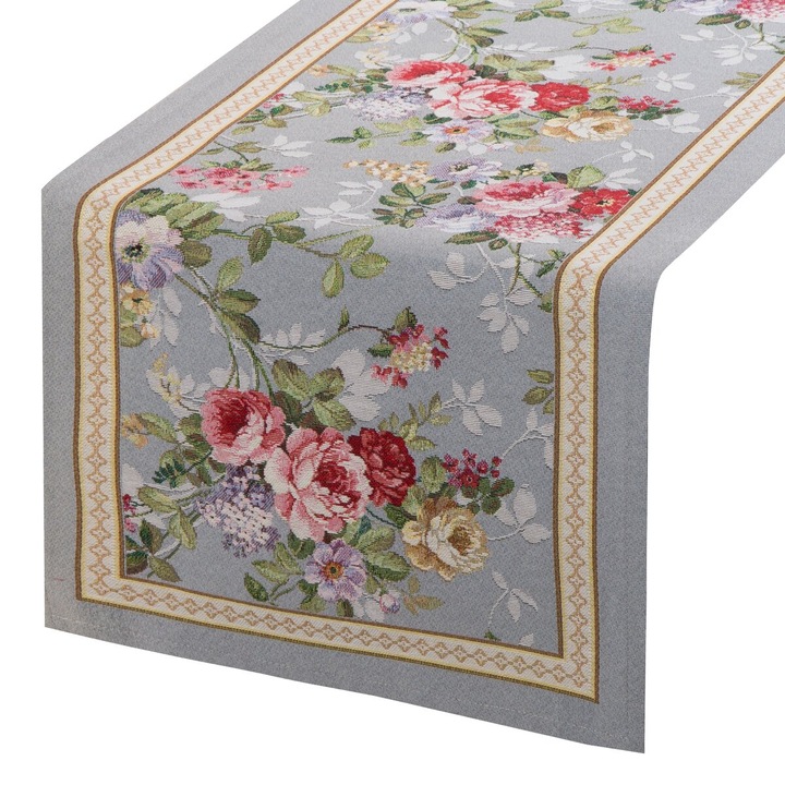 Napron de masa Eurofirany, gri cu flori, 40x100cm, bumbac/poliester, stil clasic