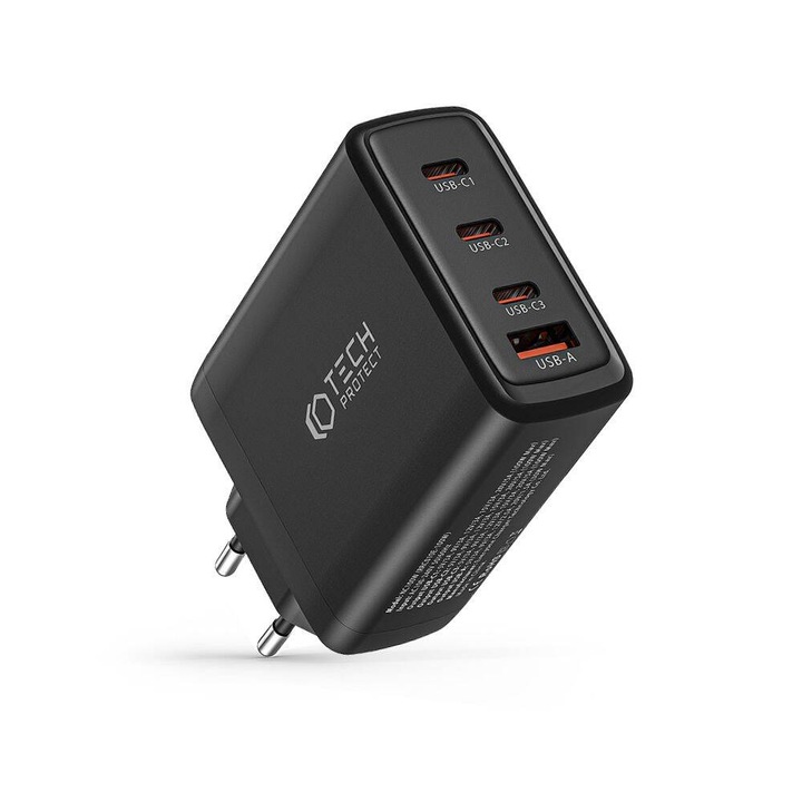 Incarcator TECH-PROTECT NC100W GaN, USB si 3x USB-C, Quick Charge 3.0, Power Delivery 100W, Negru