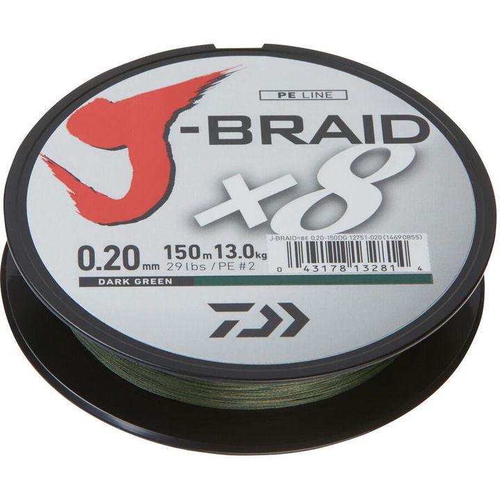 Fir pescuit Daiwa J-Braid X8 0.20mm 300m verde închis, 13kg, 8 fire impletite