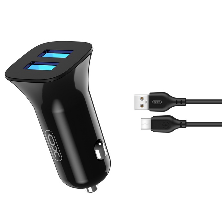 Autós töltő Tz10 2x USB 2,4A Fekete + USB-C kábel