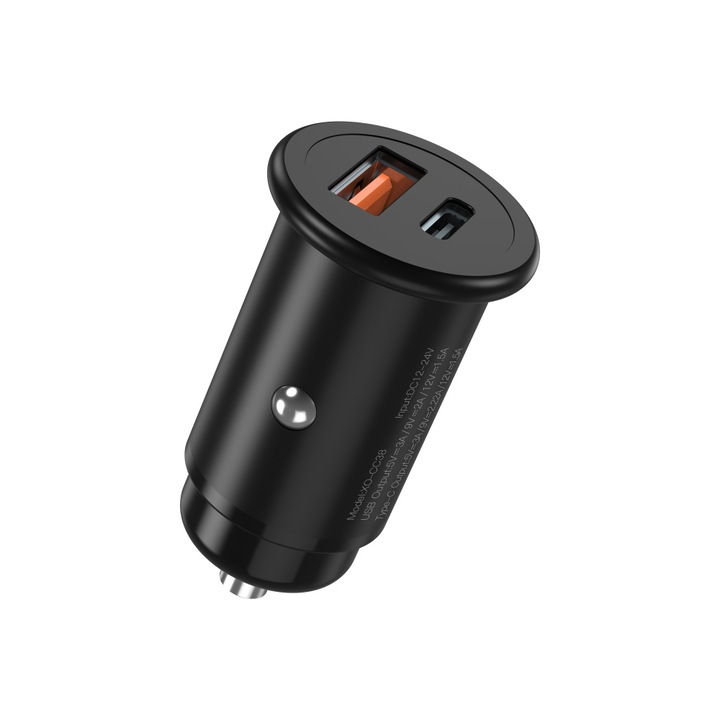 Autós töltő Cc38 PD QC 3.0 20W 1x USB 1x USB-C Fekete