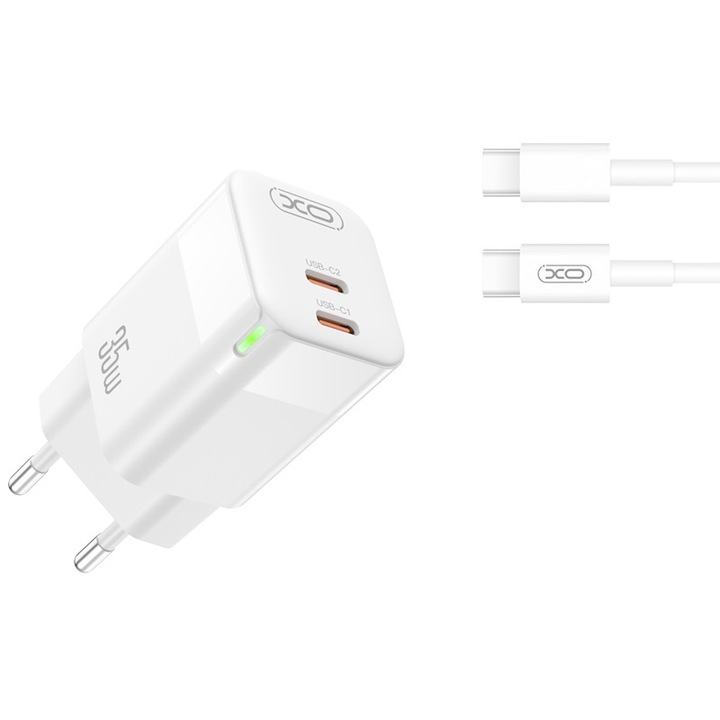 Incarcator de Perete Ce07 Pd 35w 2x Usb-c Alb + Cablu Usb-c - Usb-c