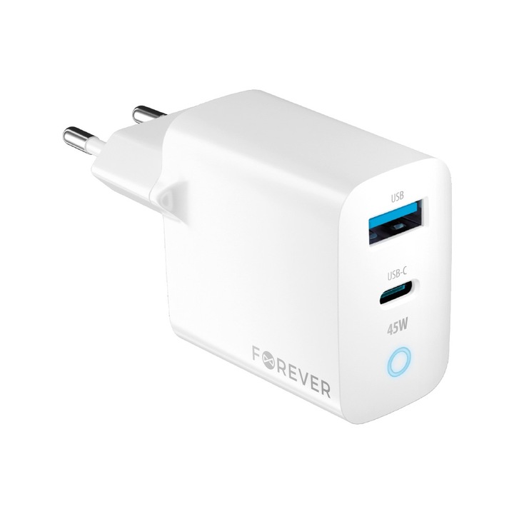 Forever Tc-06-45ac Gan Pd Qc Töltő 1x Usb-c 1x Usb 45w Fehér