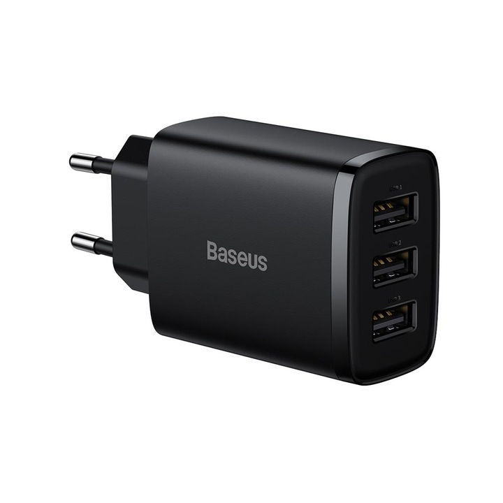 Baseus Kompakt Fali Töltő 3 USB Fekete 17W