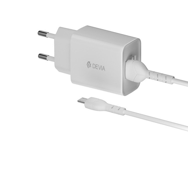 Devia Okos Fali Töltő 2x USB 2,4A Fehér + MicroUSB Kábel