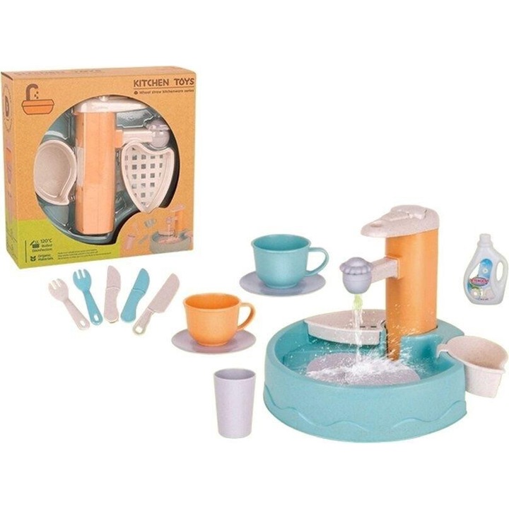 Set bucatarie copii, ICOM, chiuveta, robinet, 2 cani, 2 farfurii, 2 furculite, 3 picioare, suport ustensile, uscator.