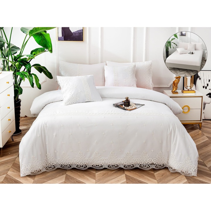 Комплект спално бельо за двойно легло с ластик, за 2 души, 6 части, памук, долен чаршаф с ластик 180x200 см, плик за завивка 200x230 см, калъфки за възглавници 50x75 см x2, 50x50 см x2, специален модел с бродерия