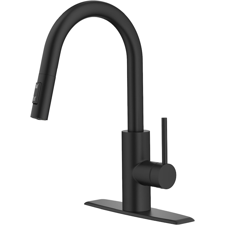 Кухненски смесител за мивка с изтеглящ се душ, 2 режима на пръскане, едноръкохватков, против петна, против отпечатъци, висок чучур, неръждаема стомана, модерен дизайн, лесен монтаж, черен