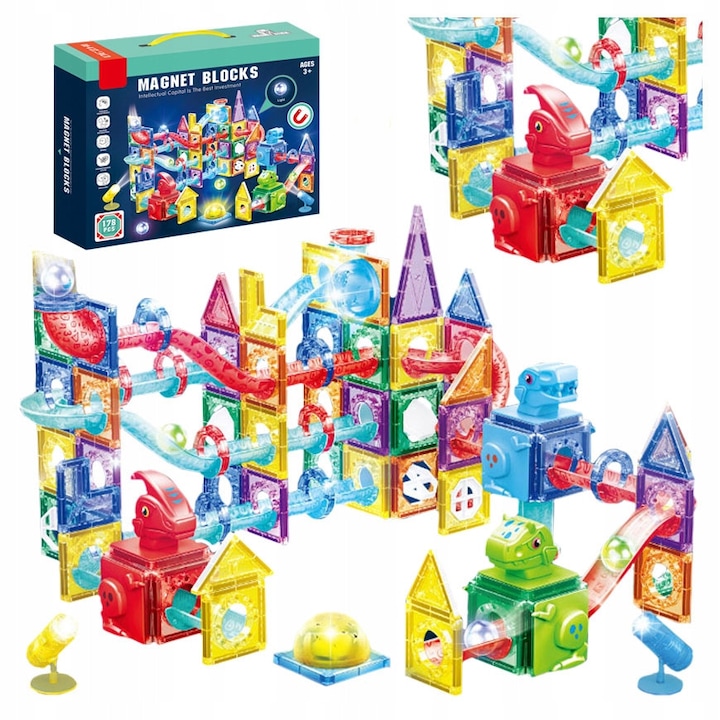 Dinozauri pista magnetica luminoasa blocuri de constructie set mare 178 el