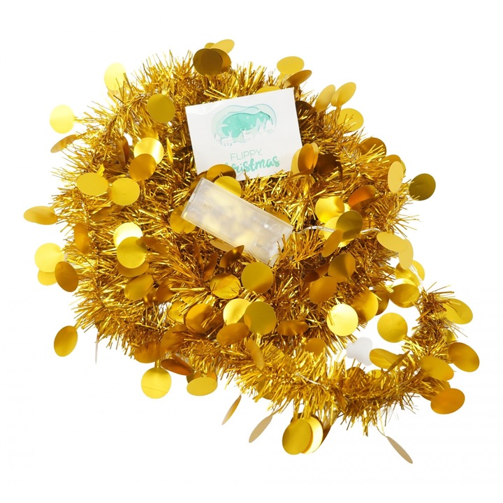 Karácsonyi LED füzér, arany, kerek flitteres modell, 2 m x 5 cm, PVC, sor, mű, OEM