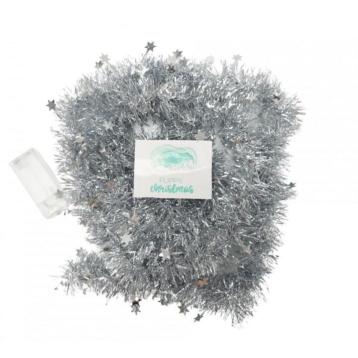 Karácsonyi LED füzér, ezüst, csillagos modell, 2 m x 5 cm, PVC, füzér, mesterséges, OEM