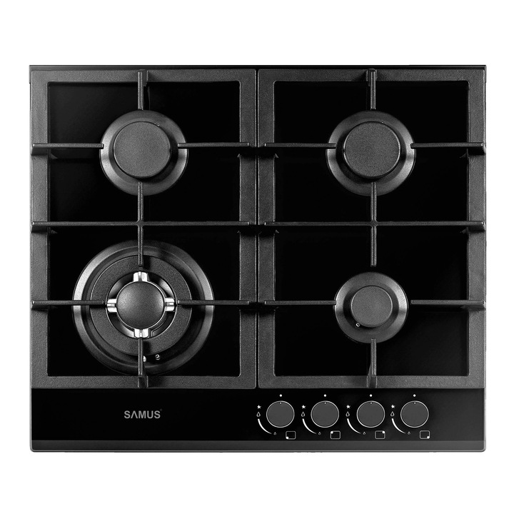 Plita incorporabila Samus PSG-64SG1, 4 arzatoare pe gaz, Sistem de siguranta, Gratar fonta, Arzator Wok, Negru