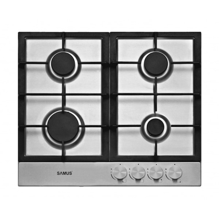 Plita incorporabila Samus PSG-64SX3, 4 arzatoare pe gaz, Sistem de siguranta, Gratar fonta, Aprindere electrica, Inox